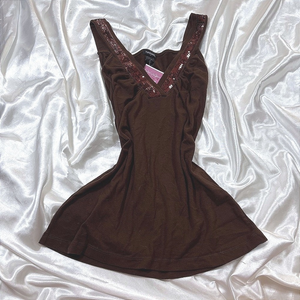 y2k Tank Top Brown Excellent Eyeshadow Sequin V-Neck Ruched Sleeveless Top